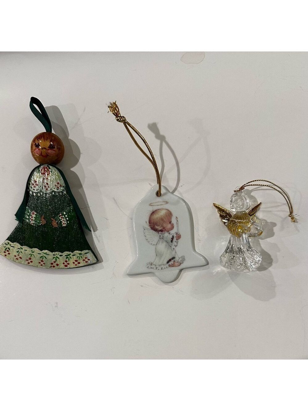 Set of 3 Angel Christmas Ornaments/Precious Moments/HandPainted/Clear Gold wings